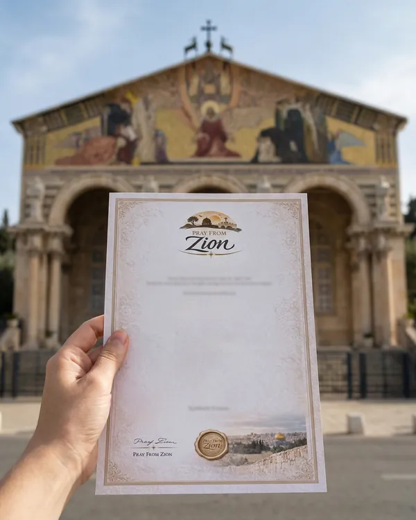 A Pray From Zion prayer held up at Church of All Nations