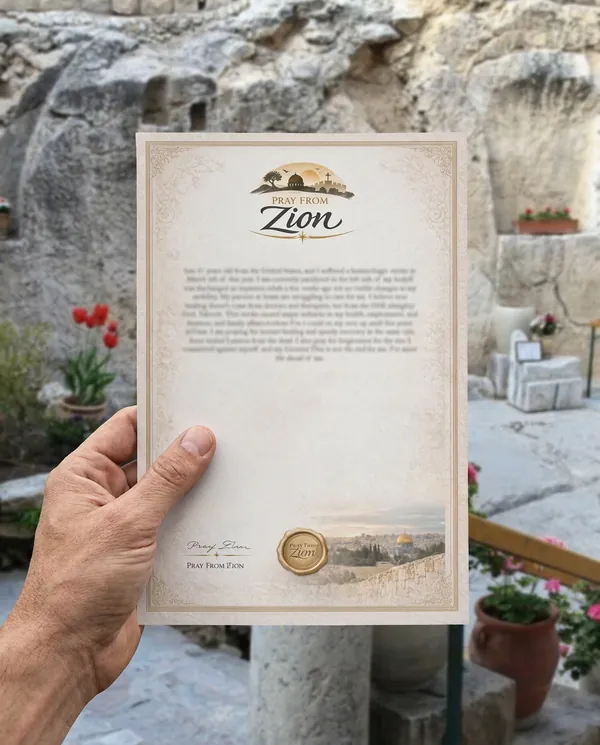 A Pray From Zion prayer held up at Garden Tomb